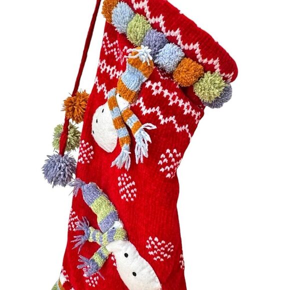 Knit Red Christmas Holiday Stocking Snowmen & Tassles. - Picture 3 of 7